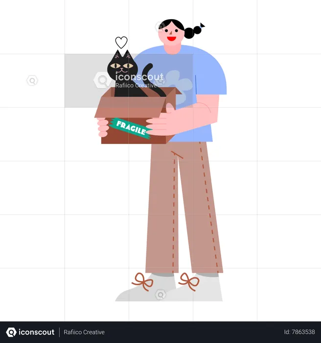 Woman holding box with black cat  Illustration