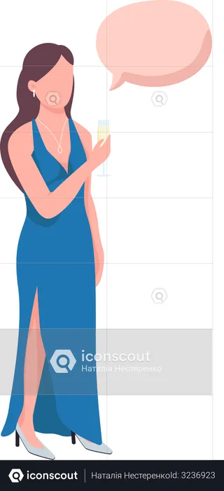 Woman holding champagne glass chatting  Illustration