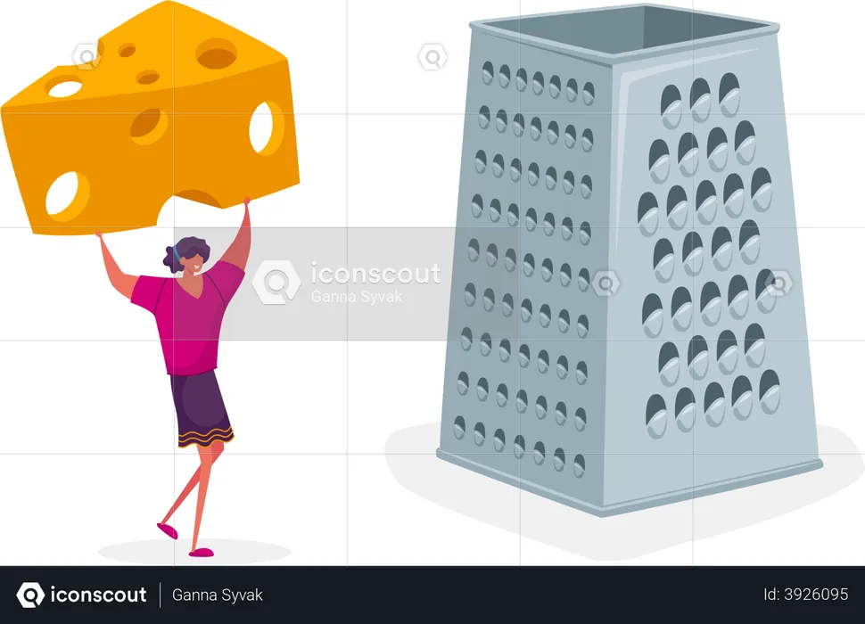 Woman holding cheese and grating it using grater  Illustration