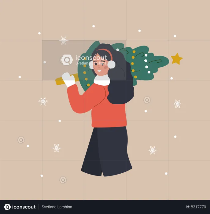 Woman holding Christmas tree  Illustration