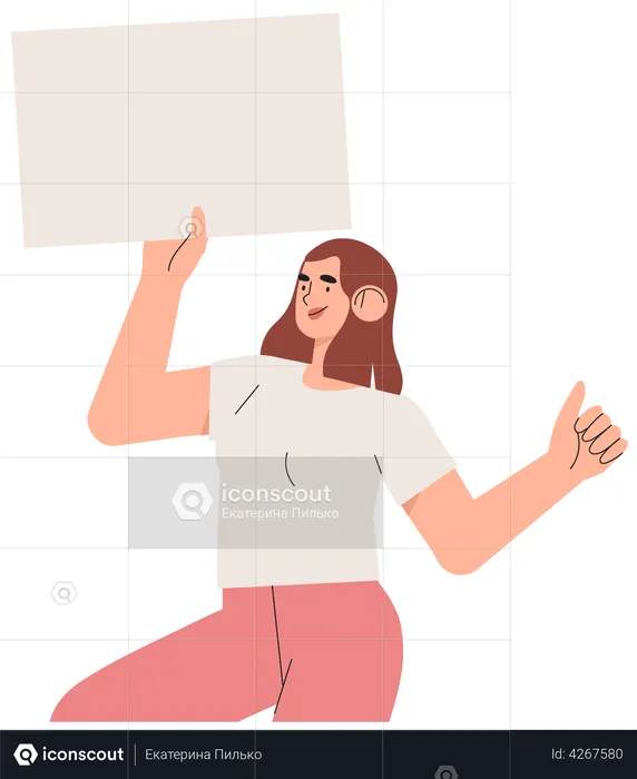 Woman holding clean placard. Joyful female cartoon characters demonstrating empty banner. Colorful vector illustration in flat style. Concept of sale, discount, protest, demonstration.  Illustration