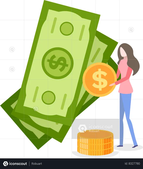 Woman Holding Coins Standing by Banknote  Illustration