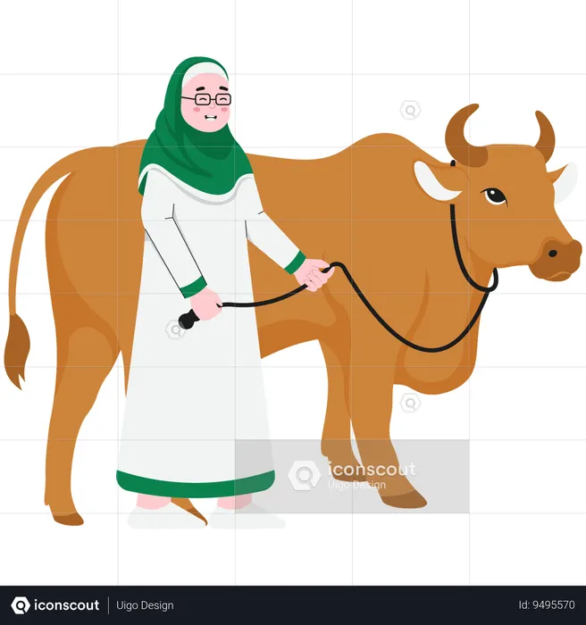 Woman Holding Cow Rope  Illustration