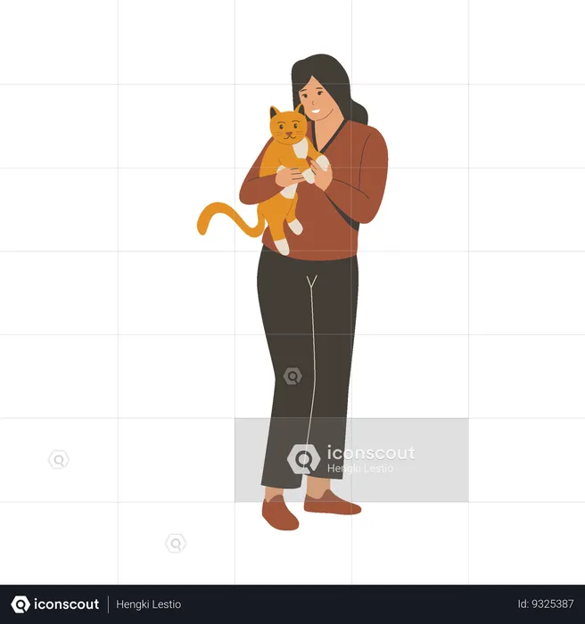 Woman holding cute cat  Illustration