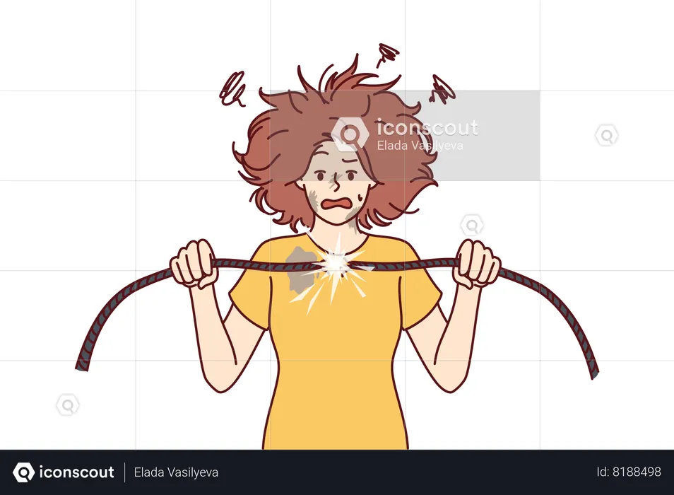 Woman holding damaged electrical wire suffers from electric shock  Illustration