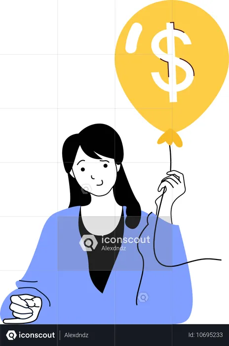 Woman holding dollar balloon  Illustration