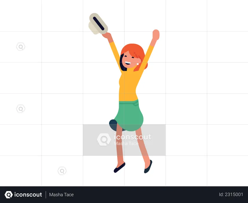 Woman holding hat in her hand and celebrating victory  Illustration