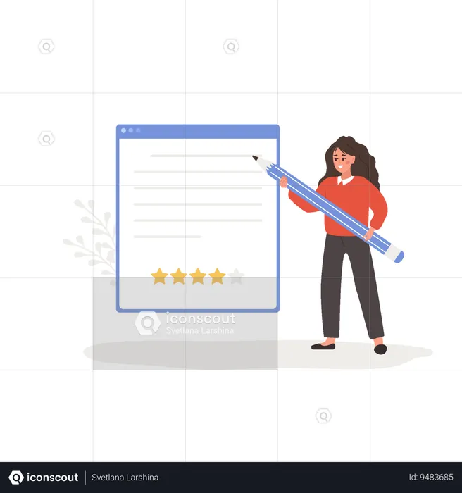Woman holding huge pen and leaving comment with four stars rating  Illustration