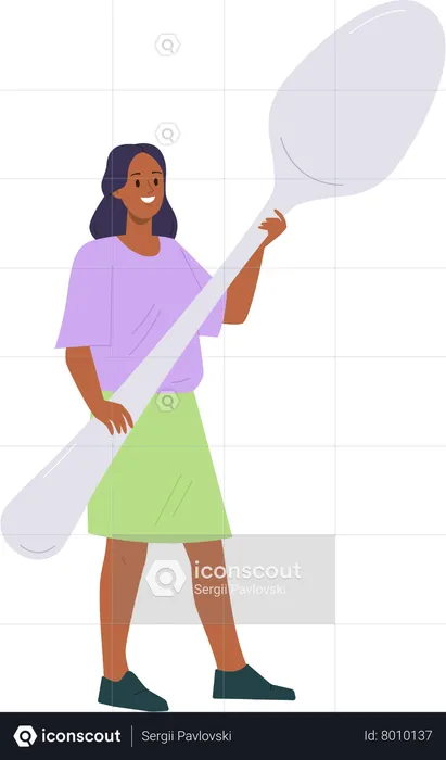 Happy woman holding huge spoon kitchenware utensils  Illustration