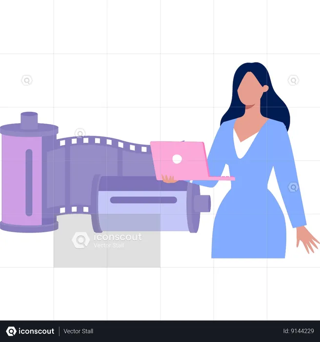 Woman holding laptop with camera reel  Illustration