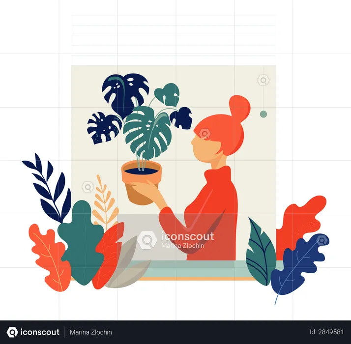 Woman Holding Leaves Plant pot on her hand  Illustration