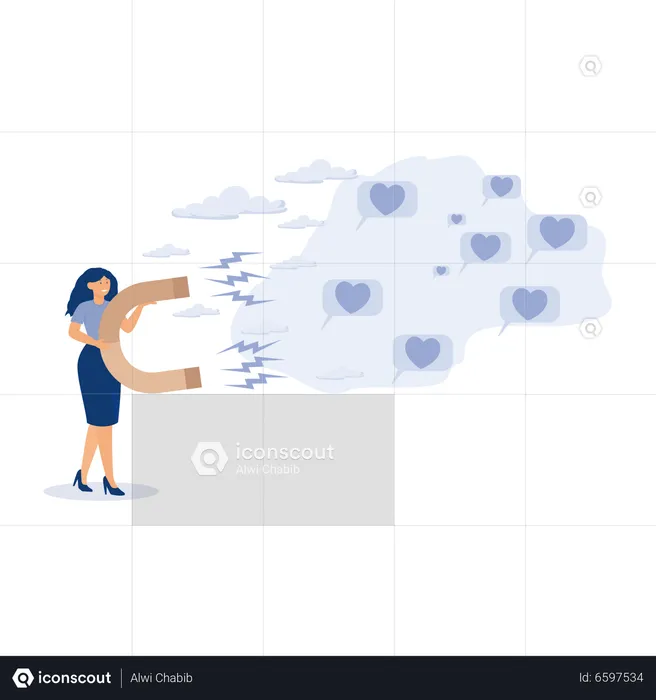 Woman holding magnet and attract customer on social media  Illustration