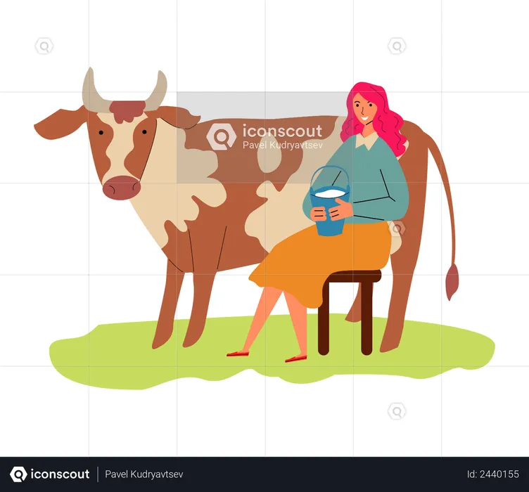 Woman holding milk bucket in her hand  Illustration