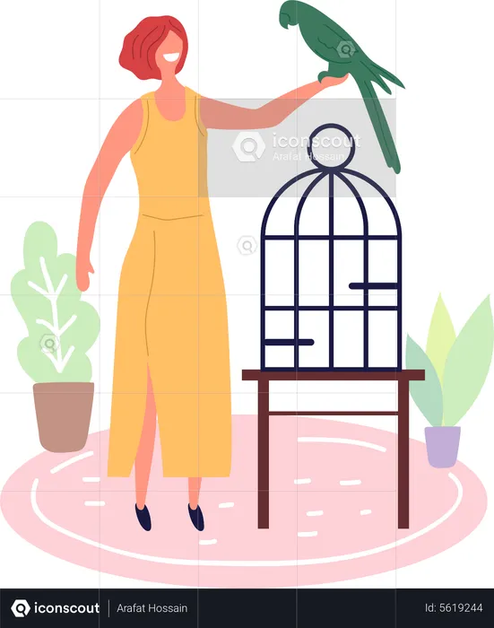 Woman holding parrot  Illustration