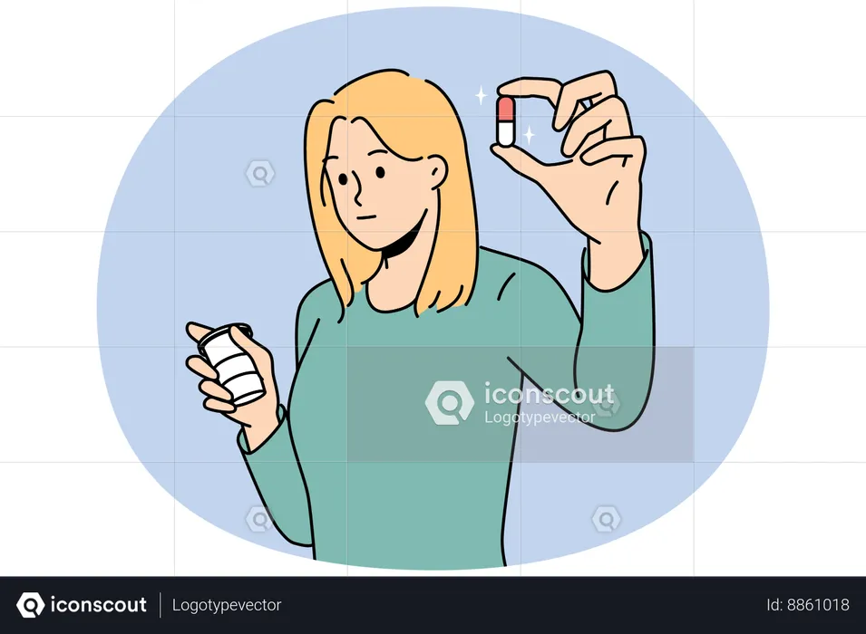Woman holding pill in hands  Illustration