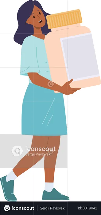 Woman holding pills bottle  Illustration