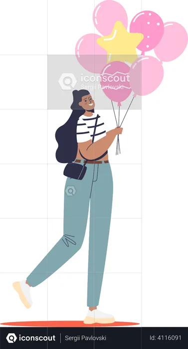 Woman holding pink balloons bunch  Illustration