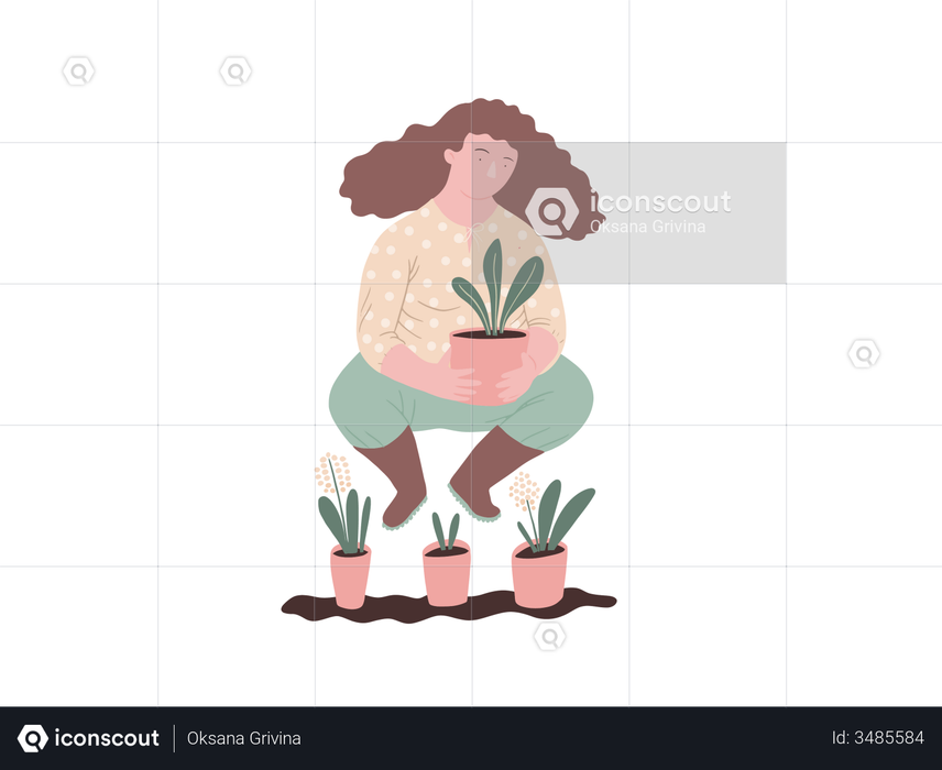 Woman holding plant pot Illustration