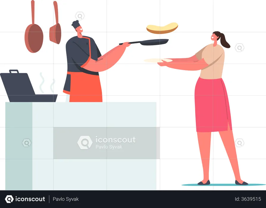 Woman Holding Plate front of Desk with Chef Frying Sausage and Making Toasts  Illustration