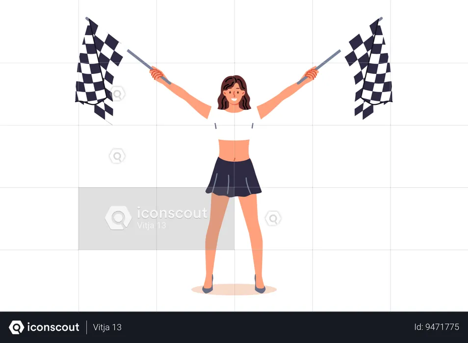 Woman holding racing flags in hands announces start extreme competition for drivers of sports cars  Illustration