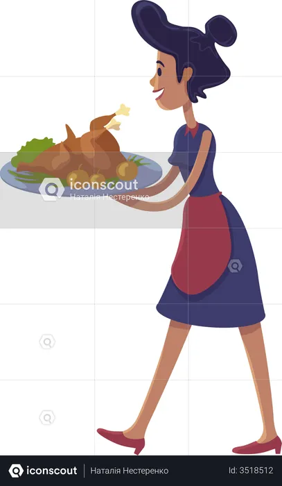 Woman holding roasted turkey  Illustration