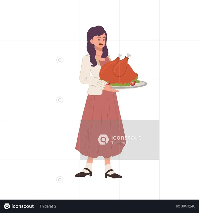 Woman Holding Roasted Turkey  for Thanksgiving Dinner  Illustration