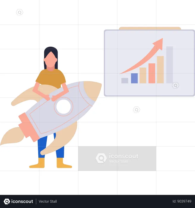 Woman holding rocket while doing startup analysis  Illustration