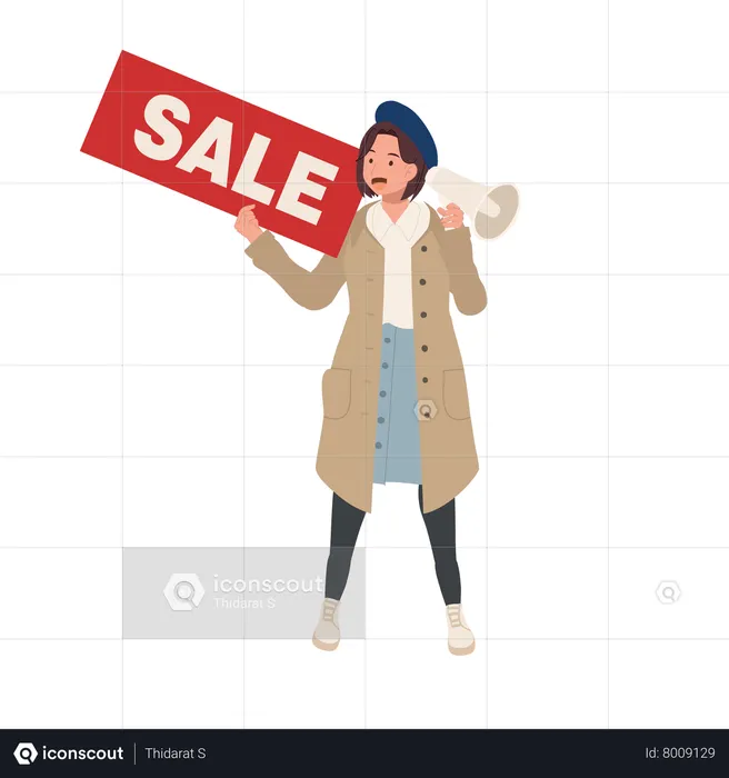 Woman Holding Sale Sign with megaphone  Illustration