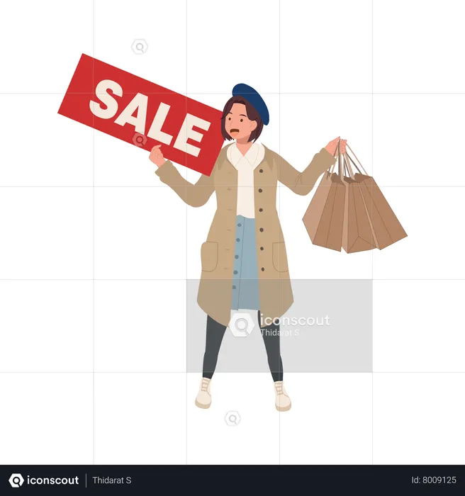 Woman Holding Sale Sign with Shopping Bags  Illustration