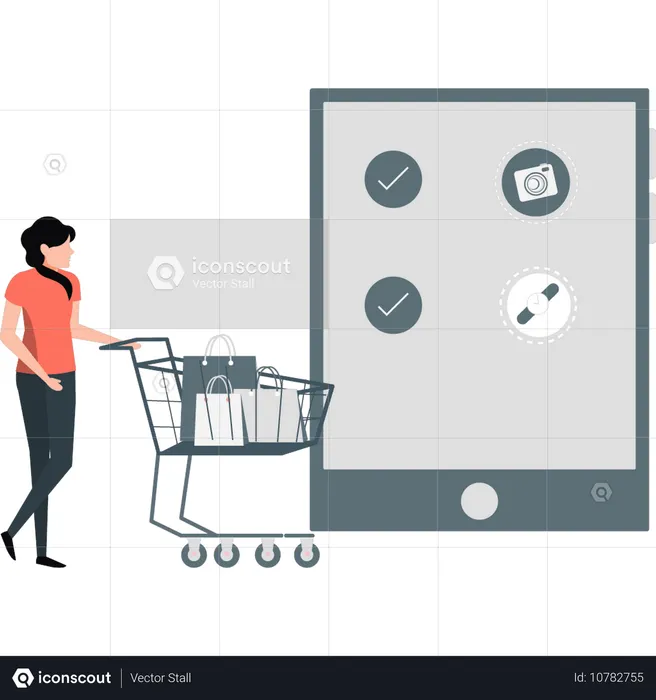 Woman holding shopping trolley  Illustration