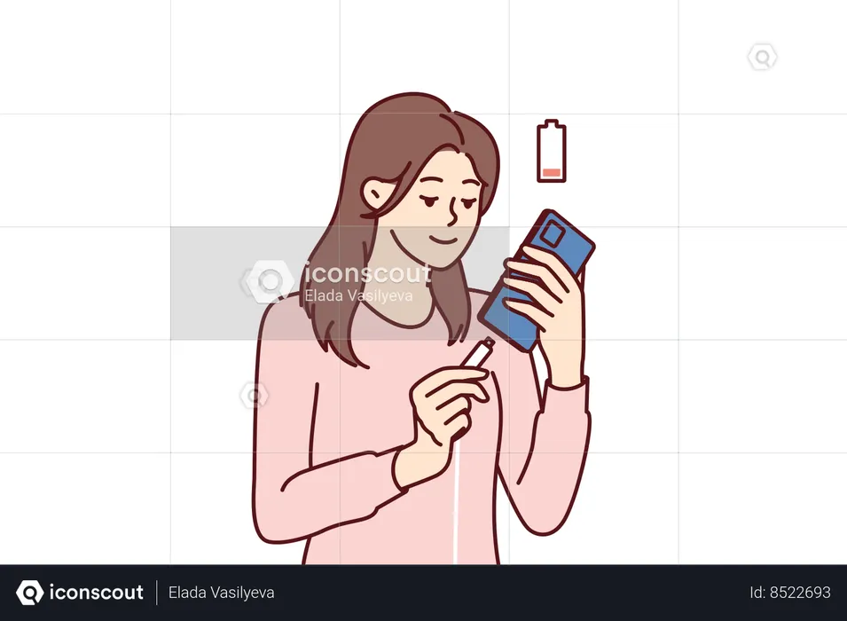 Woman holding smartphone uses cable to charge battery after seeing red indicator  Illustration
