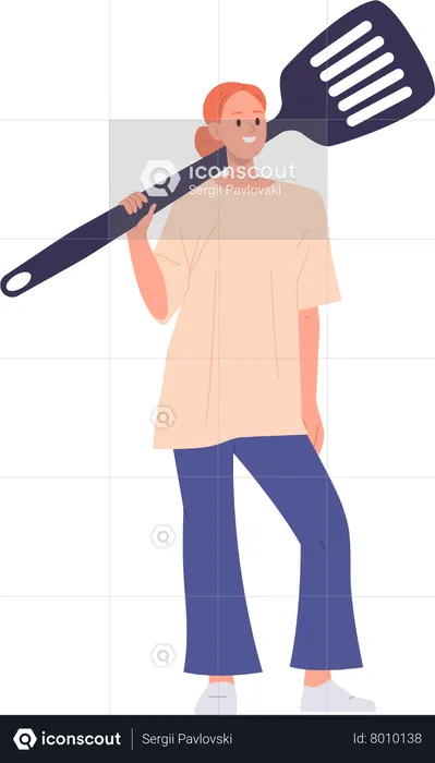 Happy womanr holding spatula for food cooking and dinner preparation  Illustration