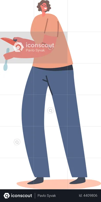 Woman holding spoon and pan lid  Illustration