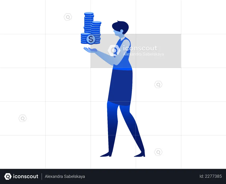 Woman holding stack of dollar coins in hands.  Illustration