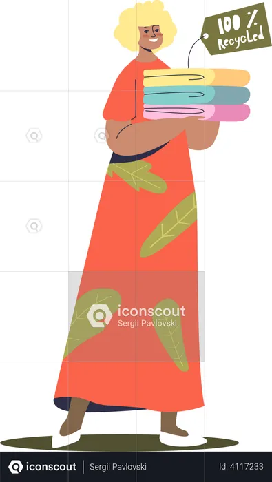 Woman holding stack of recycled eco friendly clothes  Illustration