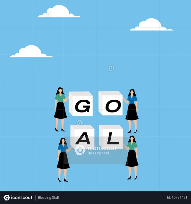 Woman holding stack word goal with cubes  Illustration