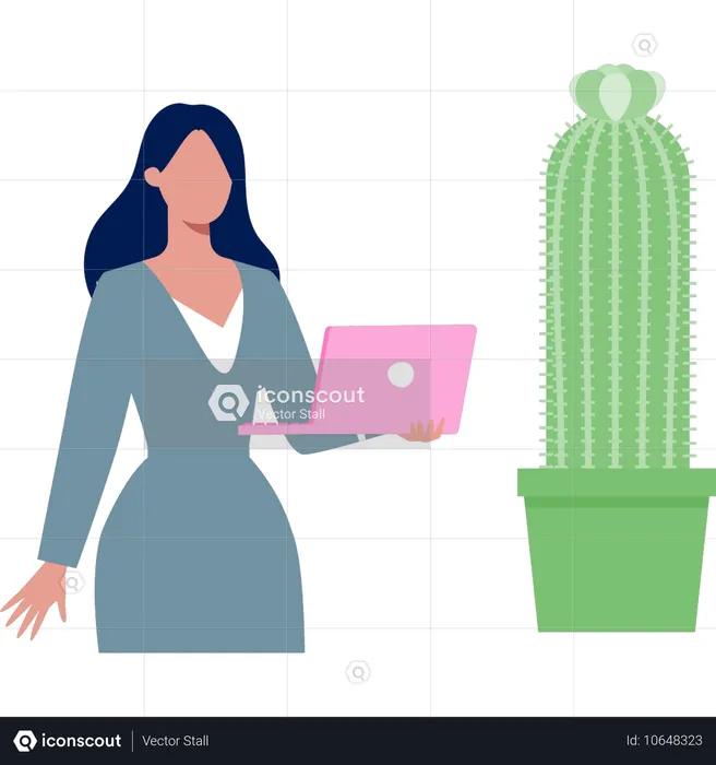 Woman holding standing near Polaskia Chichipe  Illustration