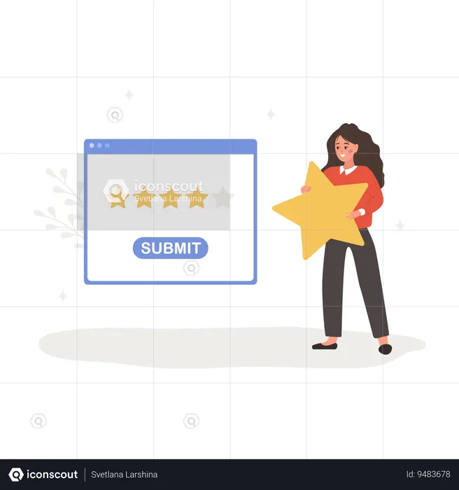 Woman holding star and giving five stars rating  Illustration