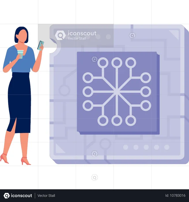 Woman holding tea standing near sensor chip  Illustration