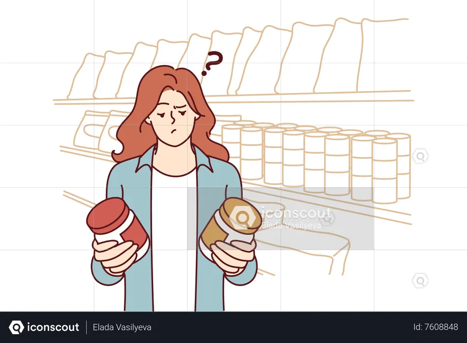 Woman holding two bottle and confused for selection  Illustration