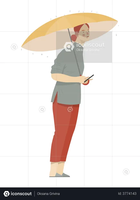 Woman holding umbrella in rain  Illustration
