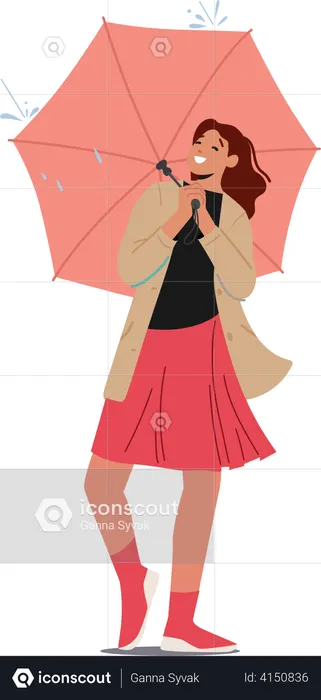 Woman holding umbrella standing and enjoying rain  Illustration