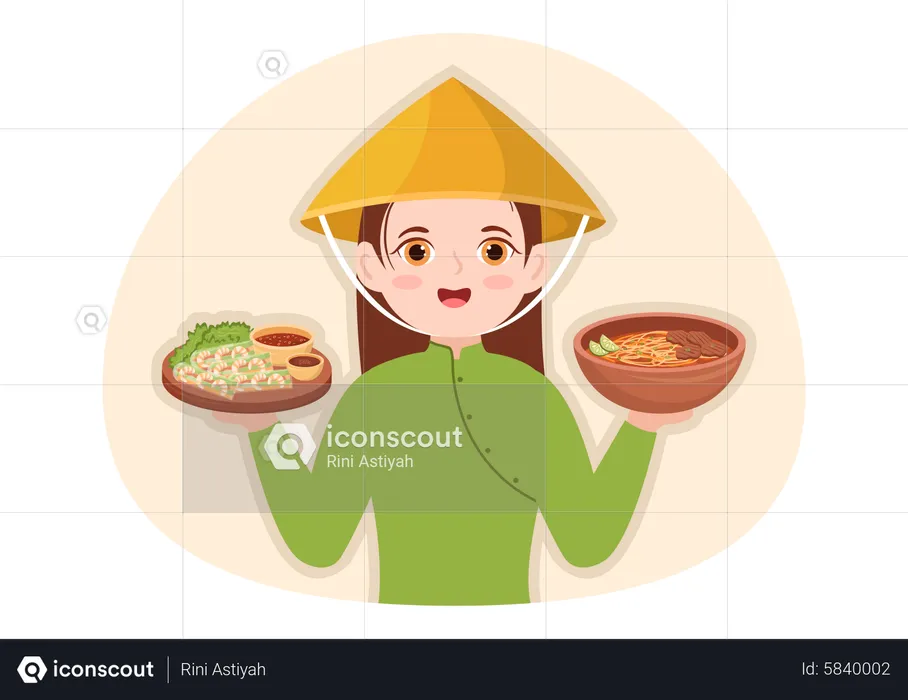 Woman holding Vietnamese Food  Illustration