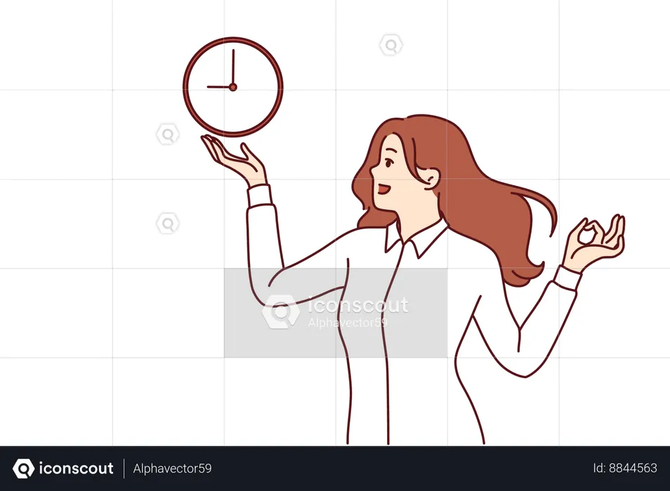 Woman holds clock is standing under blue sky and reminds punctuality and importance of meeting deadlines  Illustration