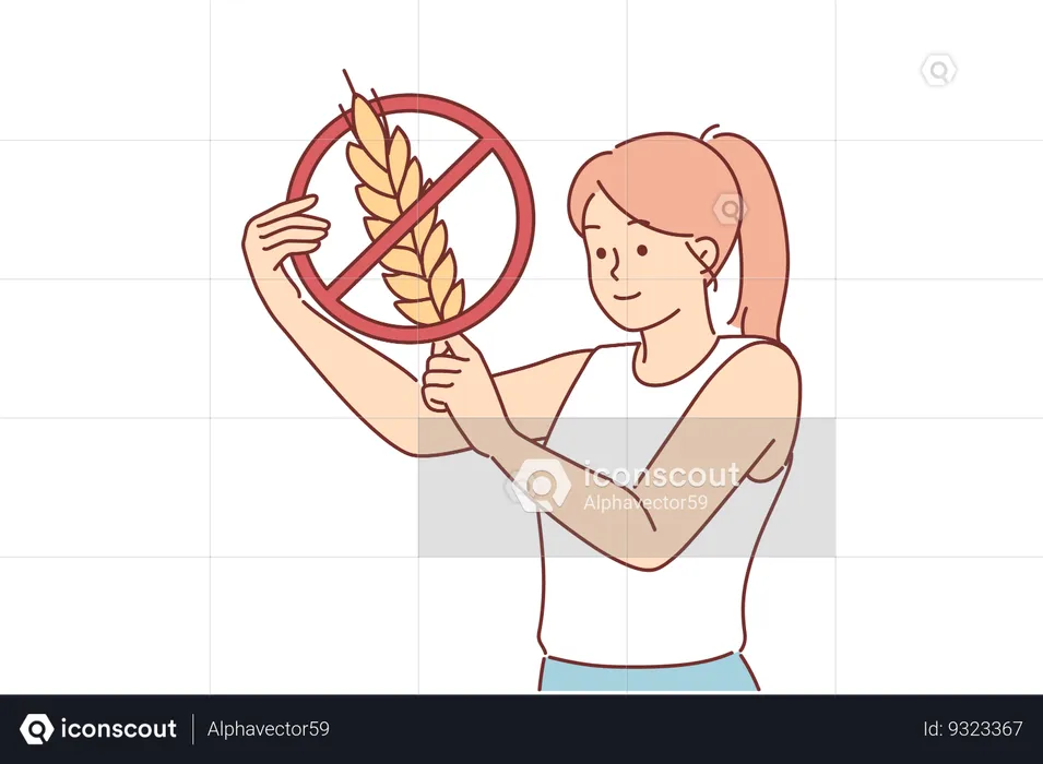 Woman holds gluten-free sign urging people to stop eating foods containing grains and wheat  Illustration