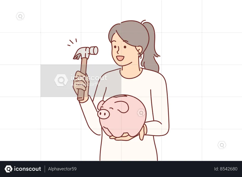 Woman holds hammer and piggy bank  Illustration