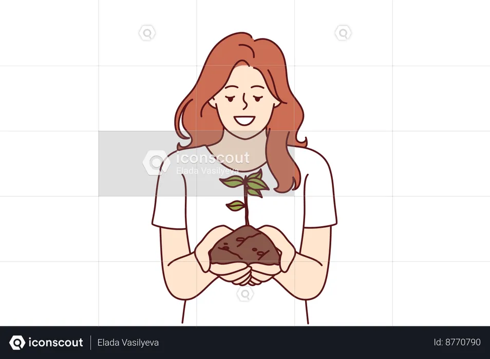 Woman holds handful of plant  Illustration