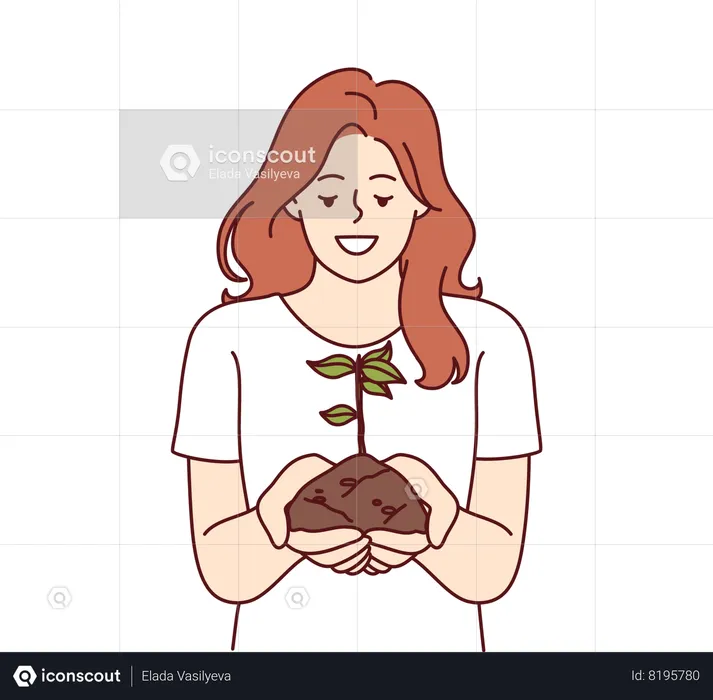 Woman holds handful of soil with plant to aware people about problems of ecology and pollution  Illustration