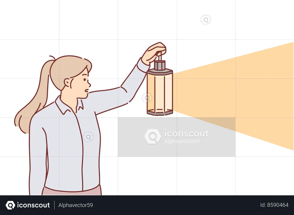 Woman holds lantern standing in dark  Illustration