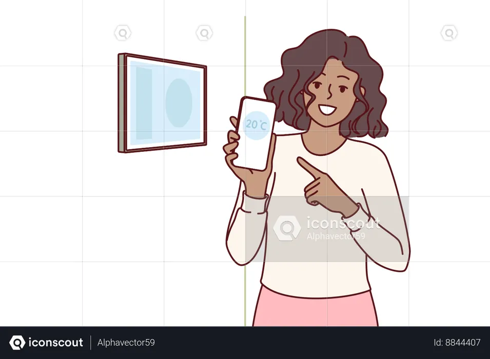 Woman holds mobile phone with remote control standing near control panel for smart home  Illustration